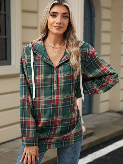 Nathalie® | Long sleeve top with drawstring and checked hood