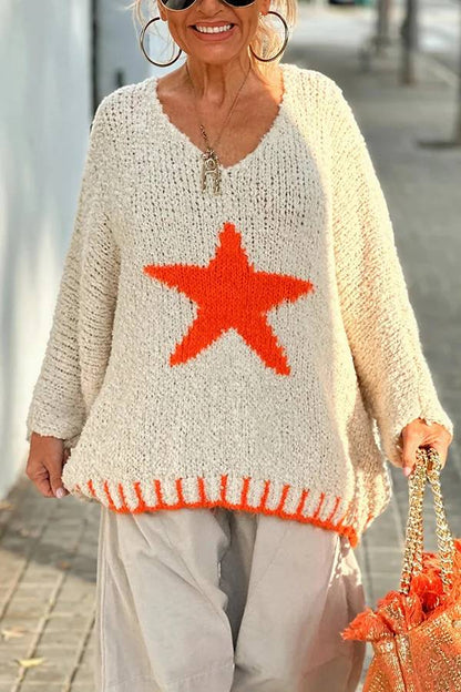 Signe® | Warm winter day texture knitted sweater with star pattern and contrast color