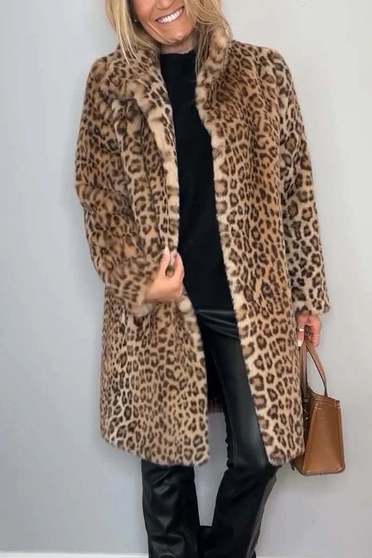 Abigail® | Long sleeve, mid-length plush coat with leopard print lapels