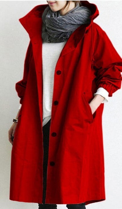 Amelia® | Long trench coat with hood and stand-up collar for women, available in large sizes