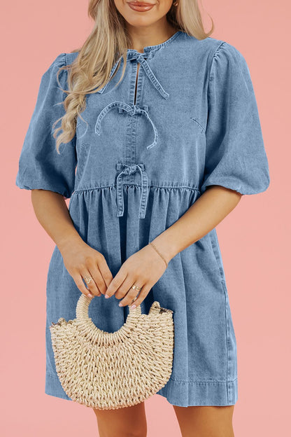 Soledad® | Half-sleeved denim dress with bow and round neckline