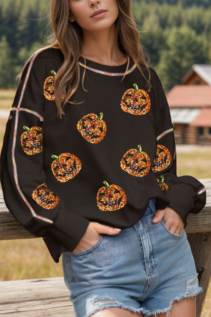 Petra® | Long sleeve sequin pumpkin crew neck sweatshirt