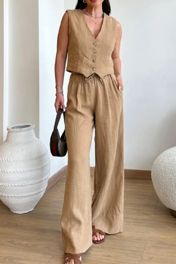 Ximena® | Casual two-piece set of solid color cotton linen vest and lace-up pants