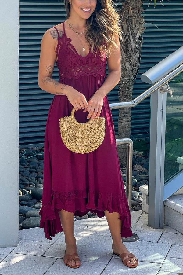 Verónica® | Garnet red crochet top high low dress