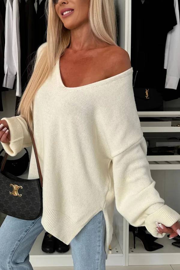 Penny® | Cold weather knitted sweater, solid color, long sleeve, irregular, relaxed V-neck sweater