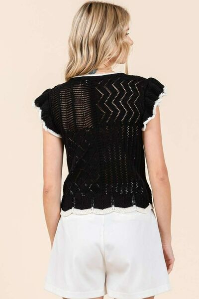 Ximena® | Openwork knit top with contrast trim, ruffles and cap sleeves