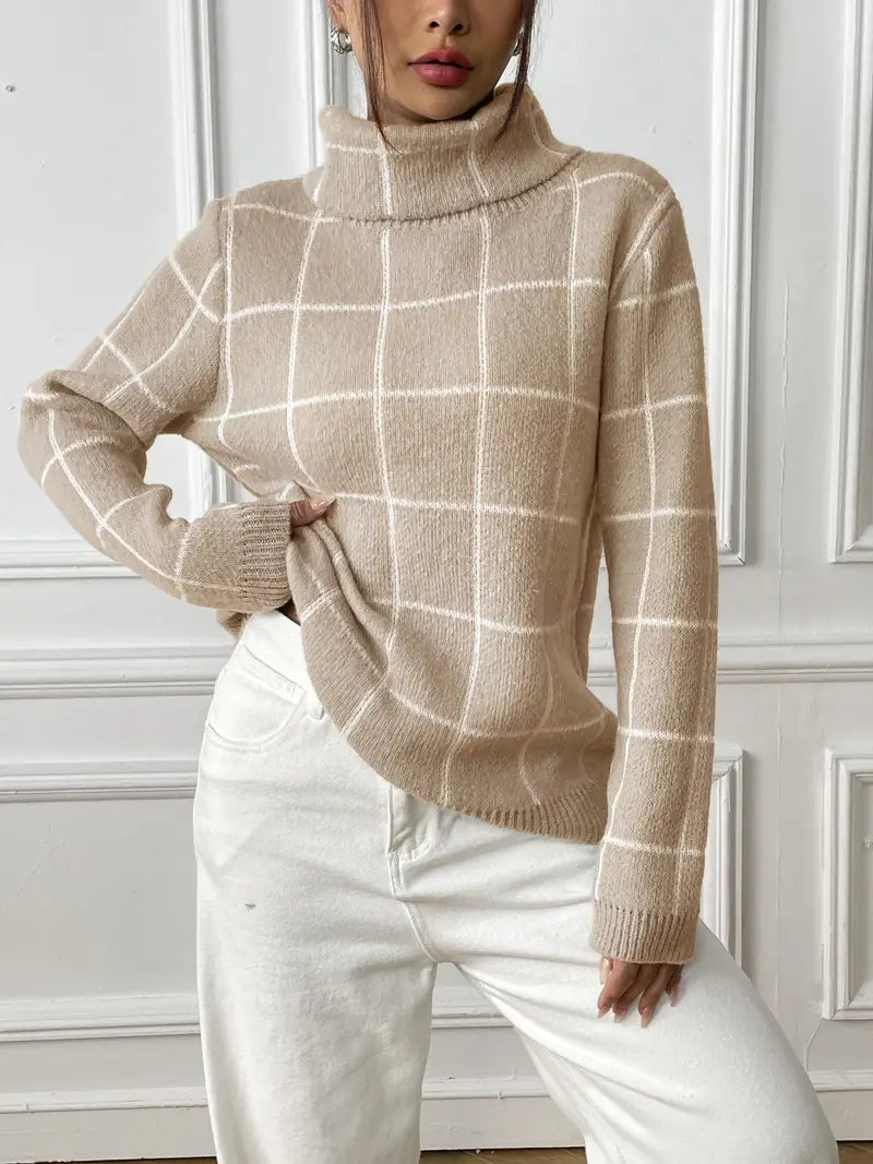 Teodora® | Checked turtleneck sweater, casual long sleeve sweater, comfortable sweater