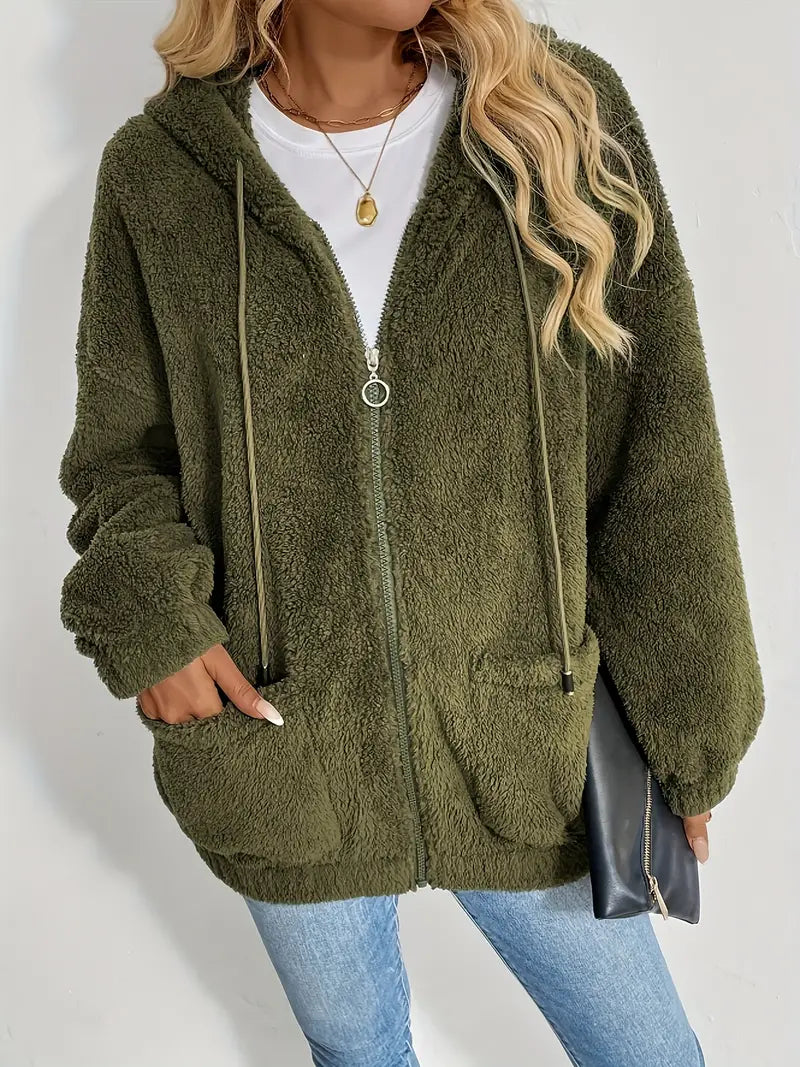 Yasmin® | Elegant olive green fleece jacket with hood for women