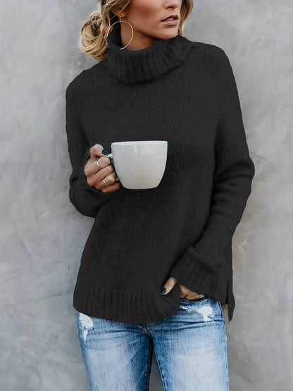 Wendy® | Solid turtleneck sweater, casual long-sleeved sweater with split sleeves