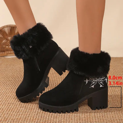 Xara® | Women's winter ankle boots with faux fur trim, high heel, chunky block heel