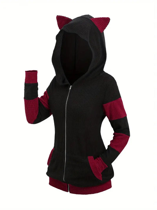 Sydney® | Plus Size Zip Up Cat Ears Hooded Jacket, Cute Color Block Long Sleeves