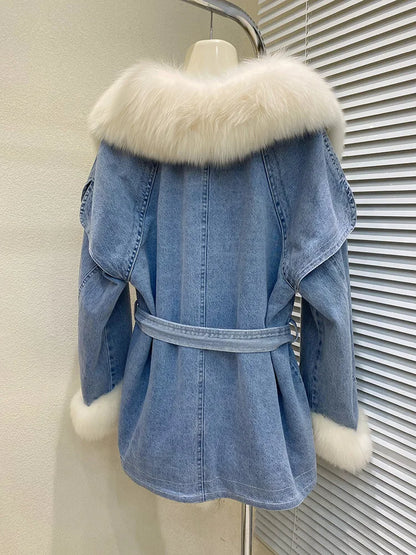 Vespera® | Denim coat with fur collar