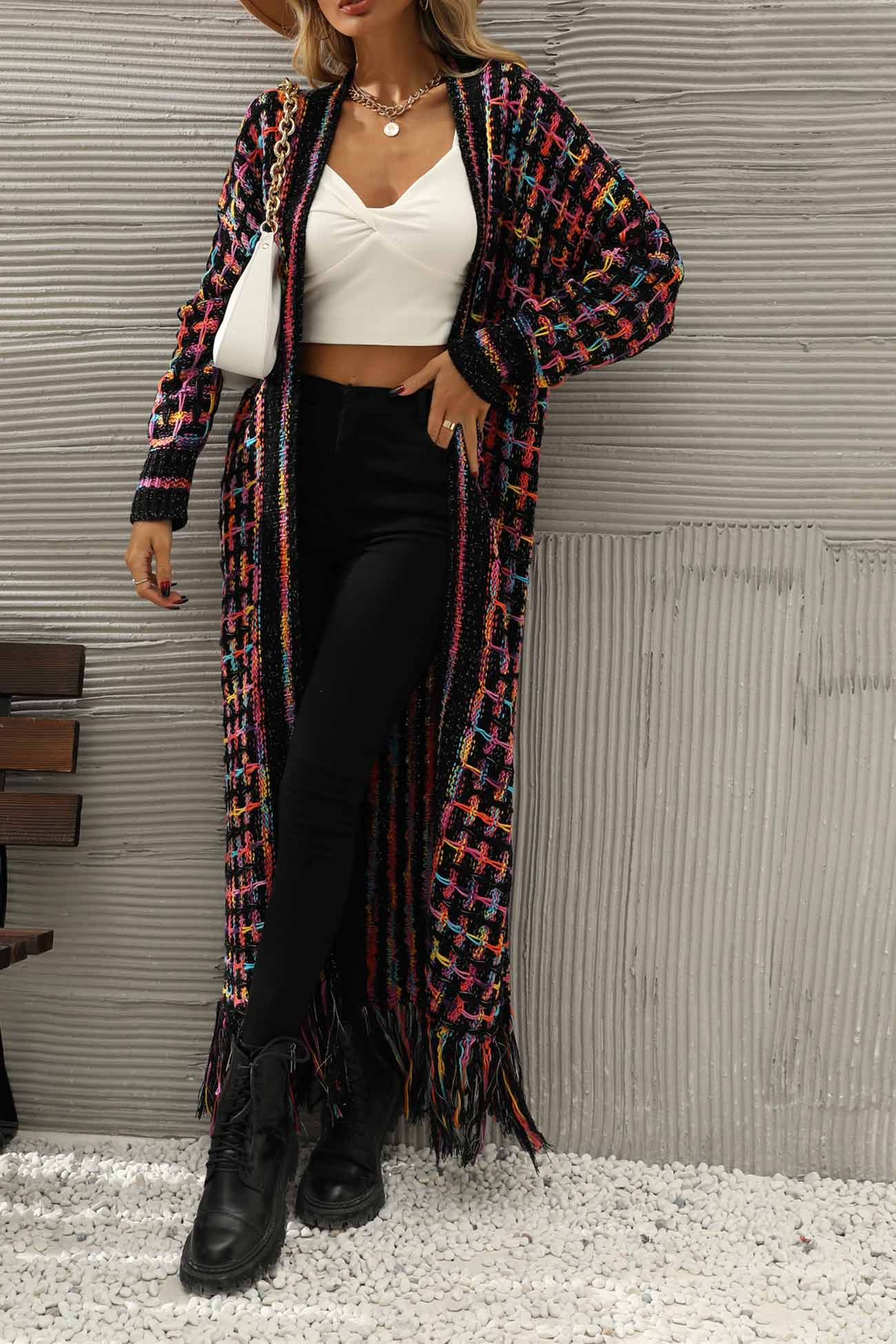 Adriana® | Long cardigan with contrast fringed hem and open front