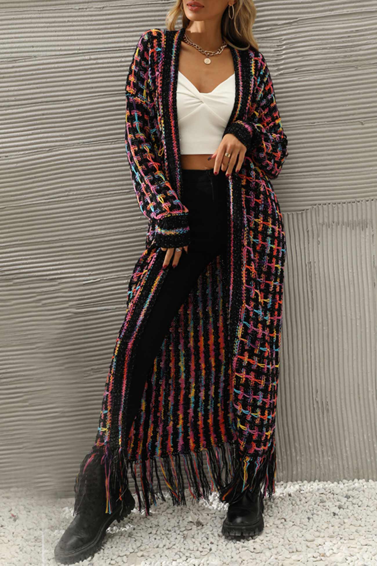 Adriana® | Long cardigan with contrast fringed hem and open front