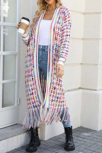 Adriana® | Long cardigan with contrast fringed hem and open front