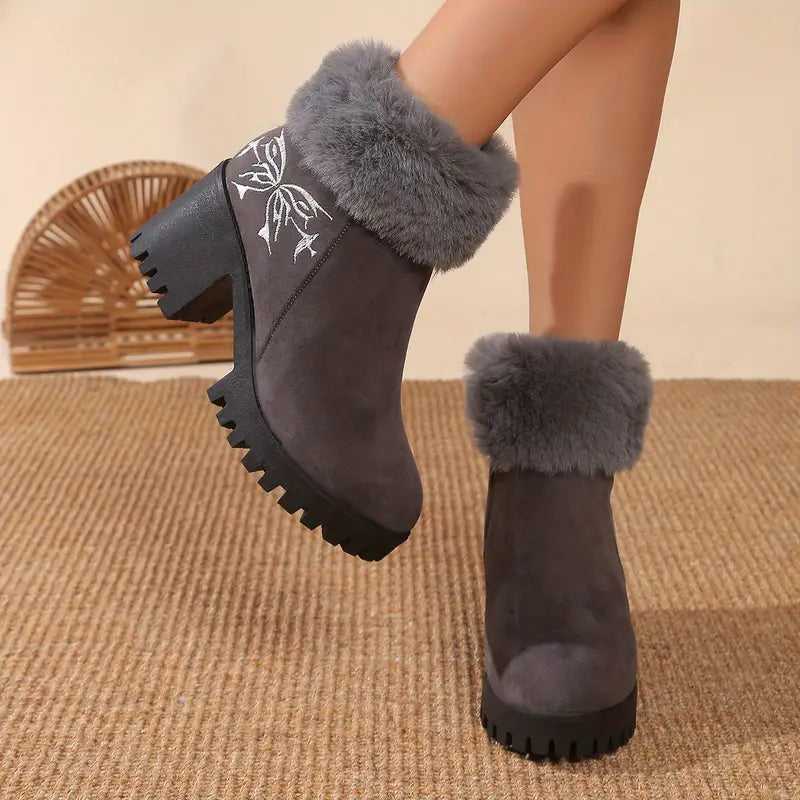 Xara® | Women's winter ankle boots with faux fur trim, high heel, chunky block heel