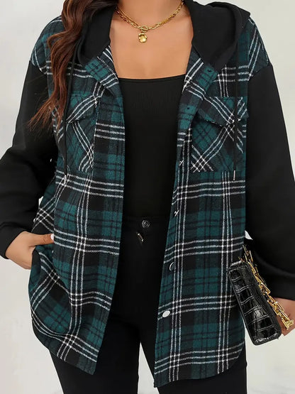 Tiffany® | Women's Plus Plaid Print Raglan Sleeve Button Up Drawstring Hooded Jacket