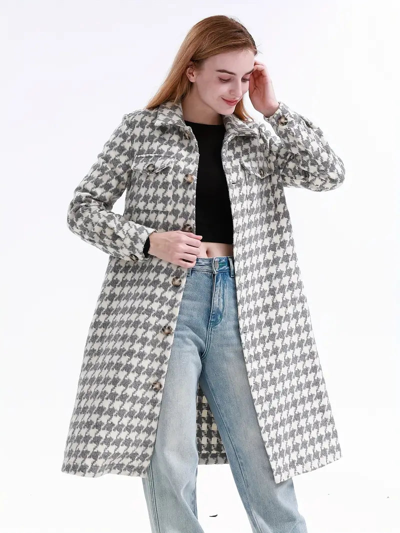 Tina® | Long coat made of wool blend with houndstooth pattern and pockets, polyester fabric