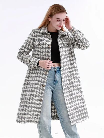 Tina® | Long coat made of wool blend with houndstooth pattern and pockets, polyester fabric