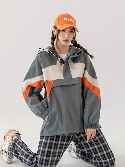 Zoe® | Color Blocked Hooded Drawstring Jacket, Casual Jacket With Zipper Pocket