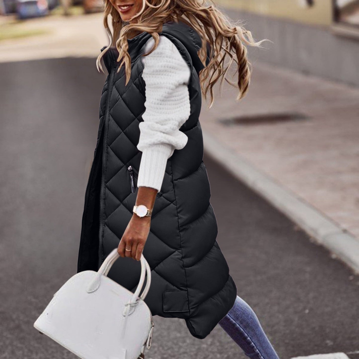 Yolanda® | Long hooded puffer vest for women