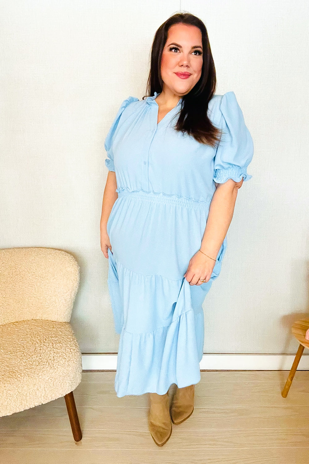 Zoe® | Aqua tiered ruffle maxi dress with notched neckline and ruched waist