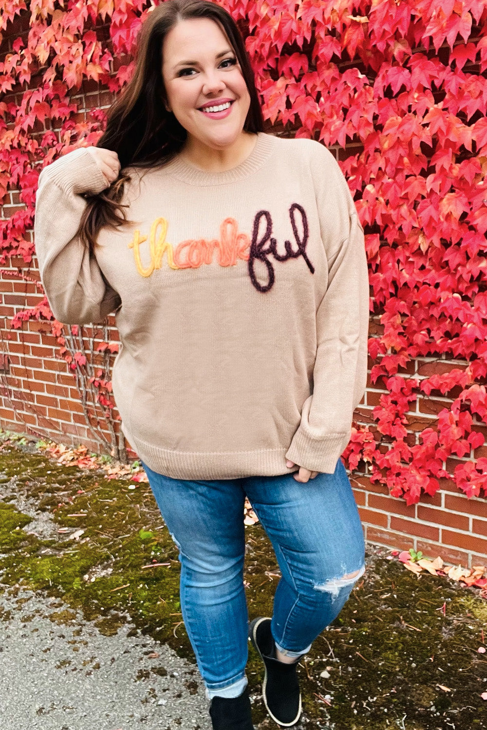 Aida® | Feeling Thankful pop-up sweater with sparkly embroidery in taupe