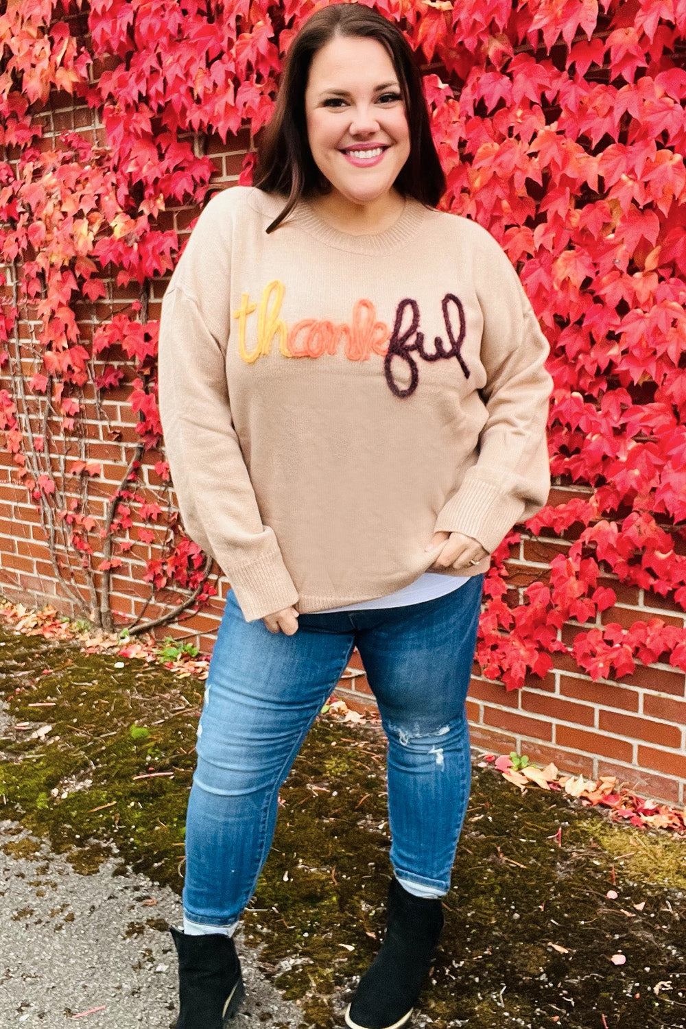 Aida® | Feeling Thankful pop-up sweater with sparkly embroidery in taupe