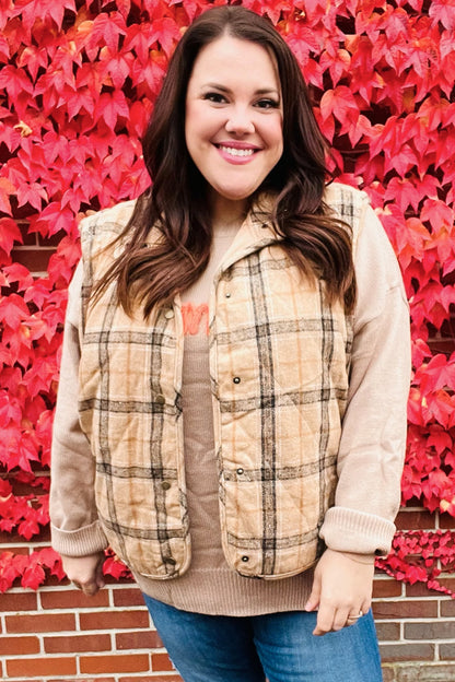 Yolaina® | Taupe-colored, checked, padded quilted vest with snap fasteners