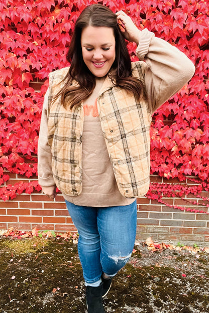 Yolaina® | Taupe-colored, checked, padded quilted vest with snap fasteners