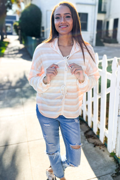 Penelope® | Embrace Joy terry top with collar, stripes and bow tie in beige and ivory