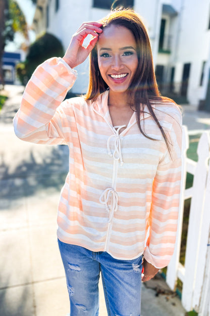 Penelope® | Embrace Joy terry top with collar, stripes and bow tie in beige and ivory