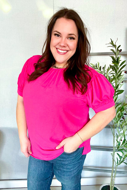 Soledad® | Perfectly You short sleeve blouse in solid fuchsia silk with gathered cap