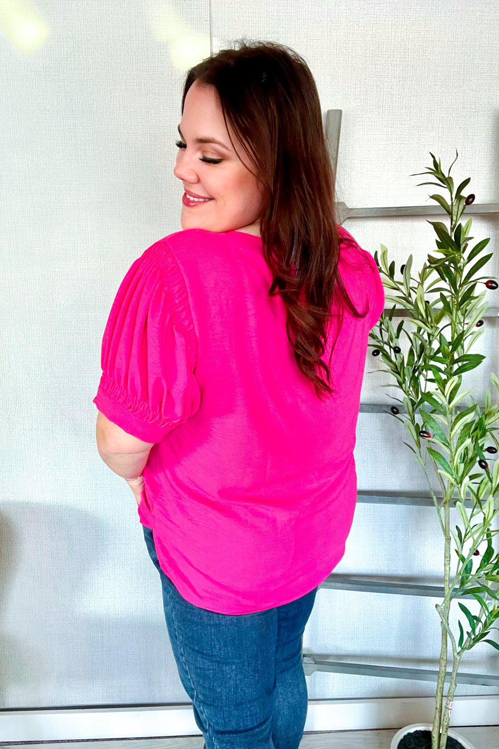 Soledad® | Perfectly You short sleeve blouse in solid fuchsia silk with gathered cap