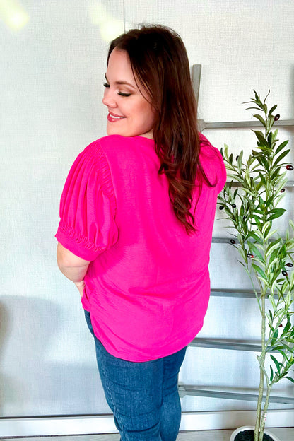 Soledad® | Perfectly You short sleeve blouse in solid fuchsia silk with gathered cap