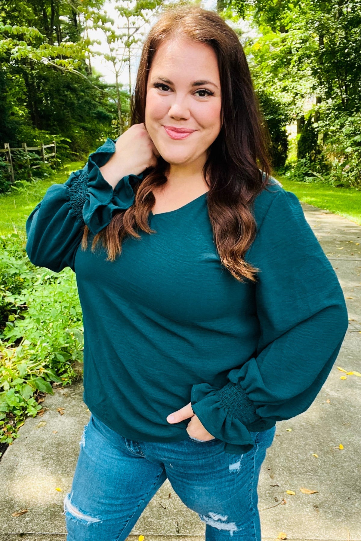 Nadine® | Hello beautiful hunter green smocked woven top with bubble sleeves