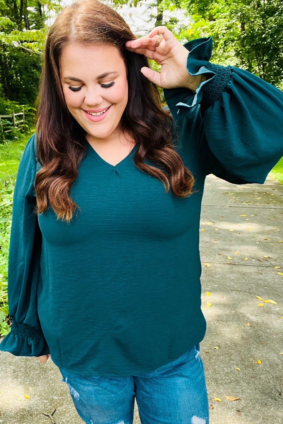 Nadine® | Hello beautiful hunter green smocked woven top with bubble sleeves