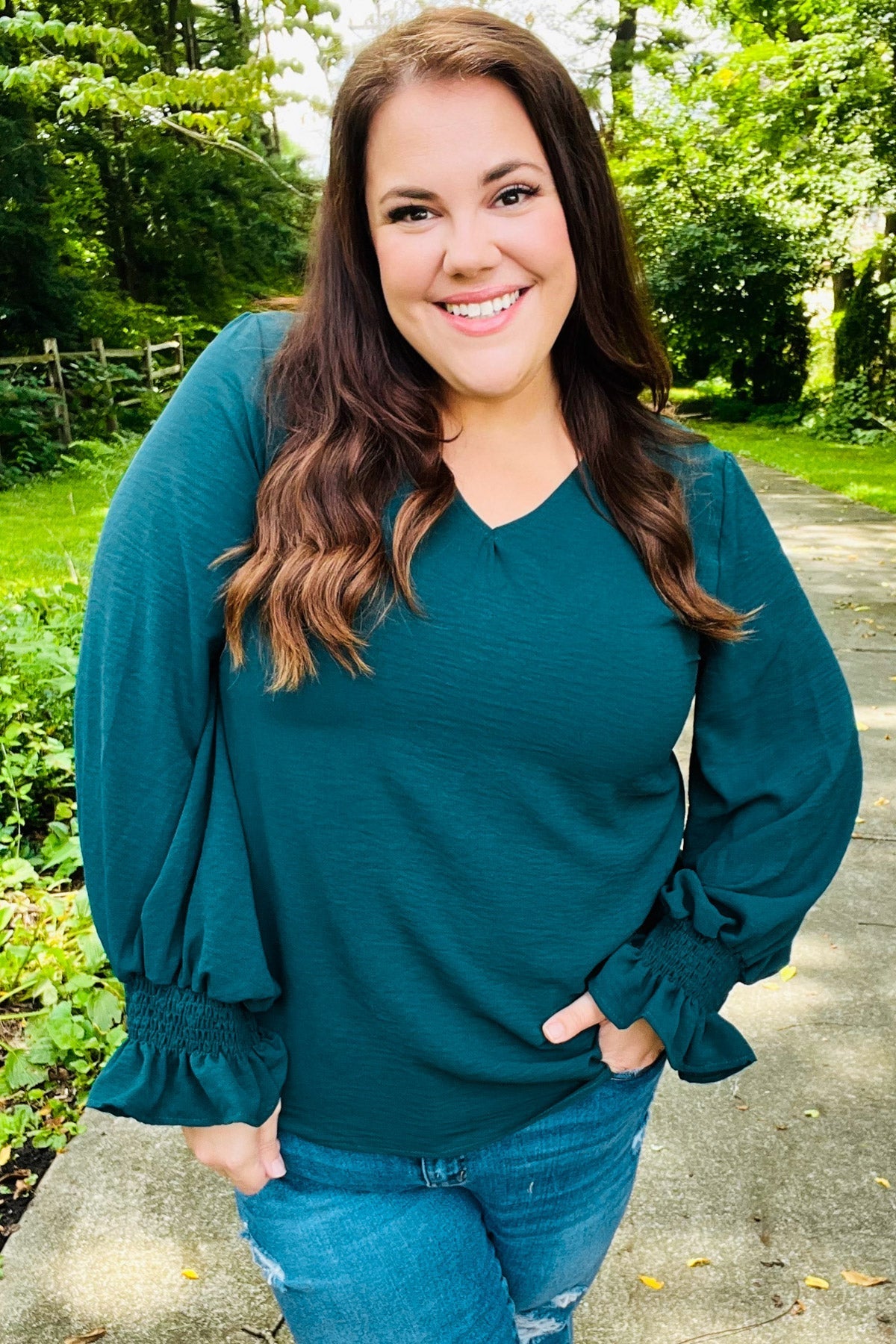 Nadine® | Hello beautiful hunter green smocked woven top with bubble sleeves