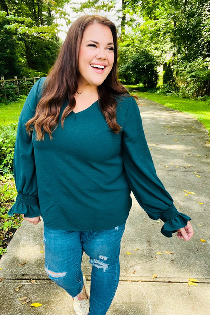 Nadine® | Hello beautiful hunter green smocked woven top with bubble sleeves