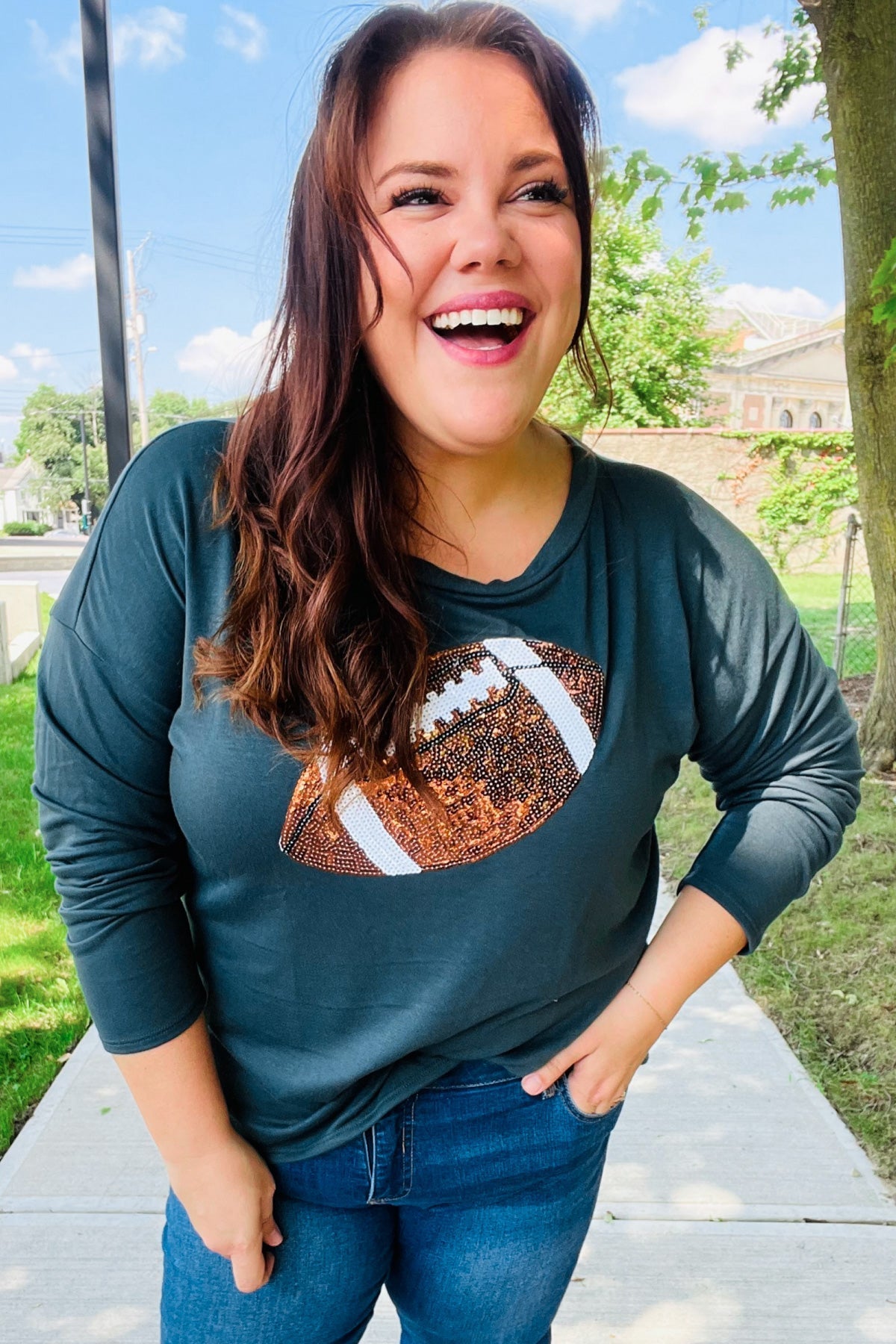 Tereza® | Game Day Forest Green Sequin Terry Top with Football Patch