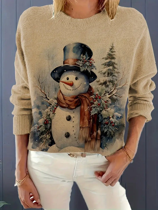 Tamara® | Christmas snowman print crew neck sweater, casual long sleeve sweater