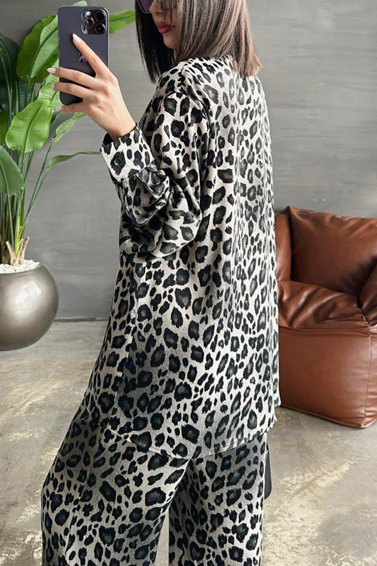 Adele® | Leopard print long sleeve blouse set