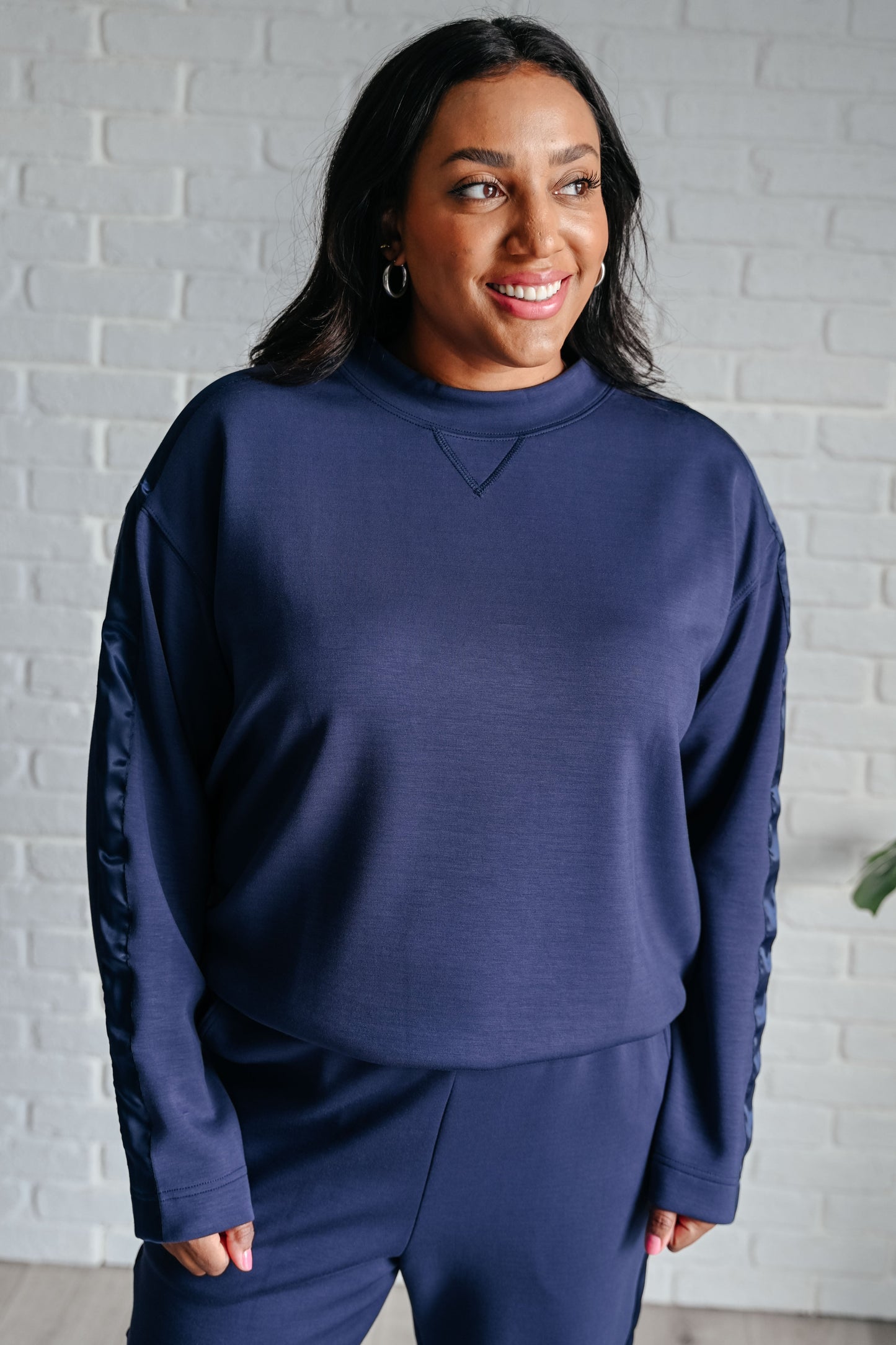 Tania® | Satin stripe sweater in smoky navy