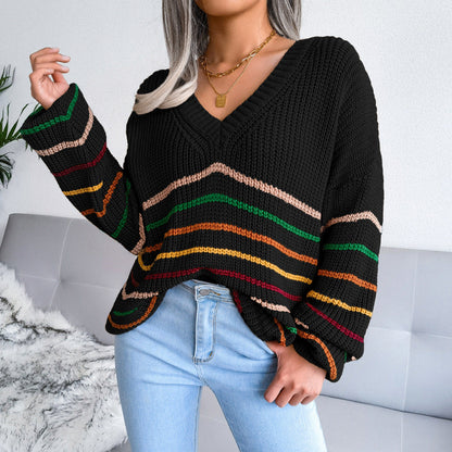 Amelia® | Cozy knitted sweater with colorful stripes and V-neck