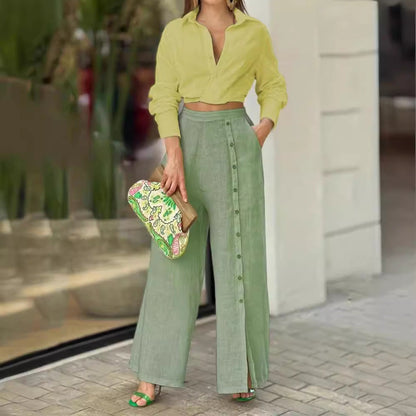 Teresa® | Cotton lapel shirt and wide trousers set