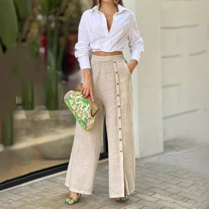 Teresa® | Cotton lapel shirt and wide trousers set