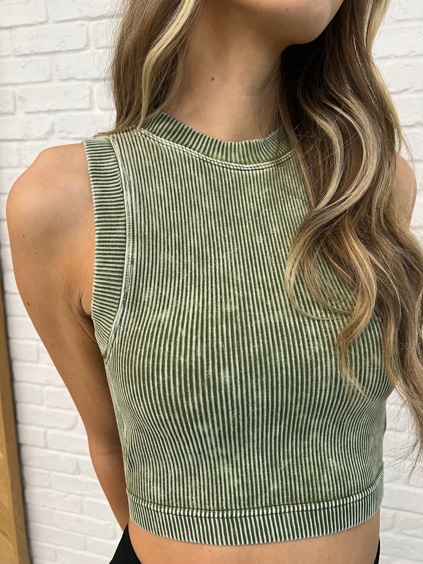 Portia® | Over and Out cropped ribbed tank top in Ash Olive