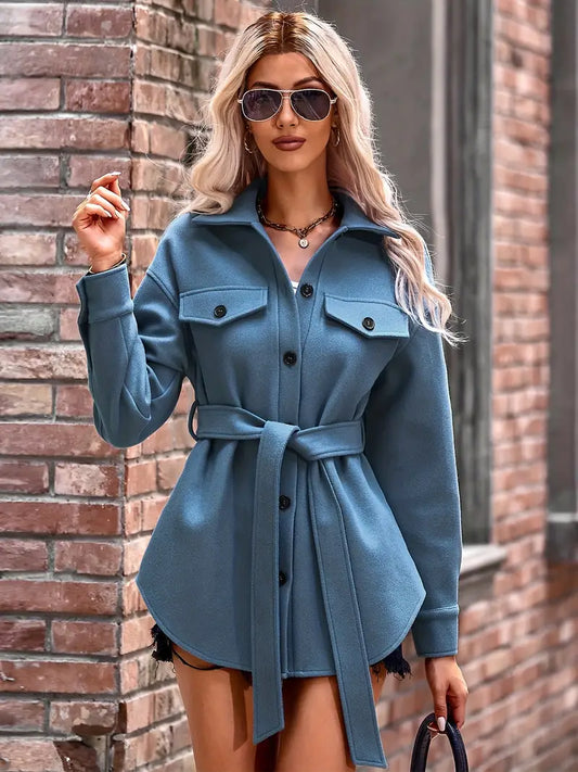 Nadia® | Casual Winter Coat, Women Plus Solid Woolen Button Up Long Sleeve