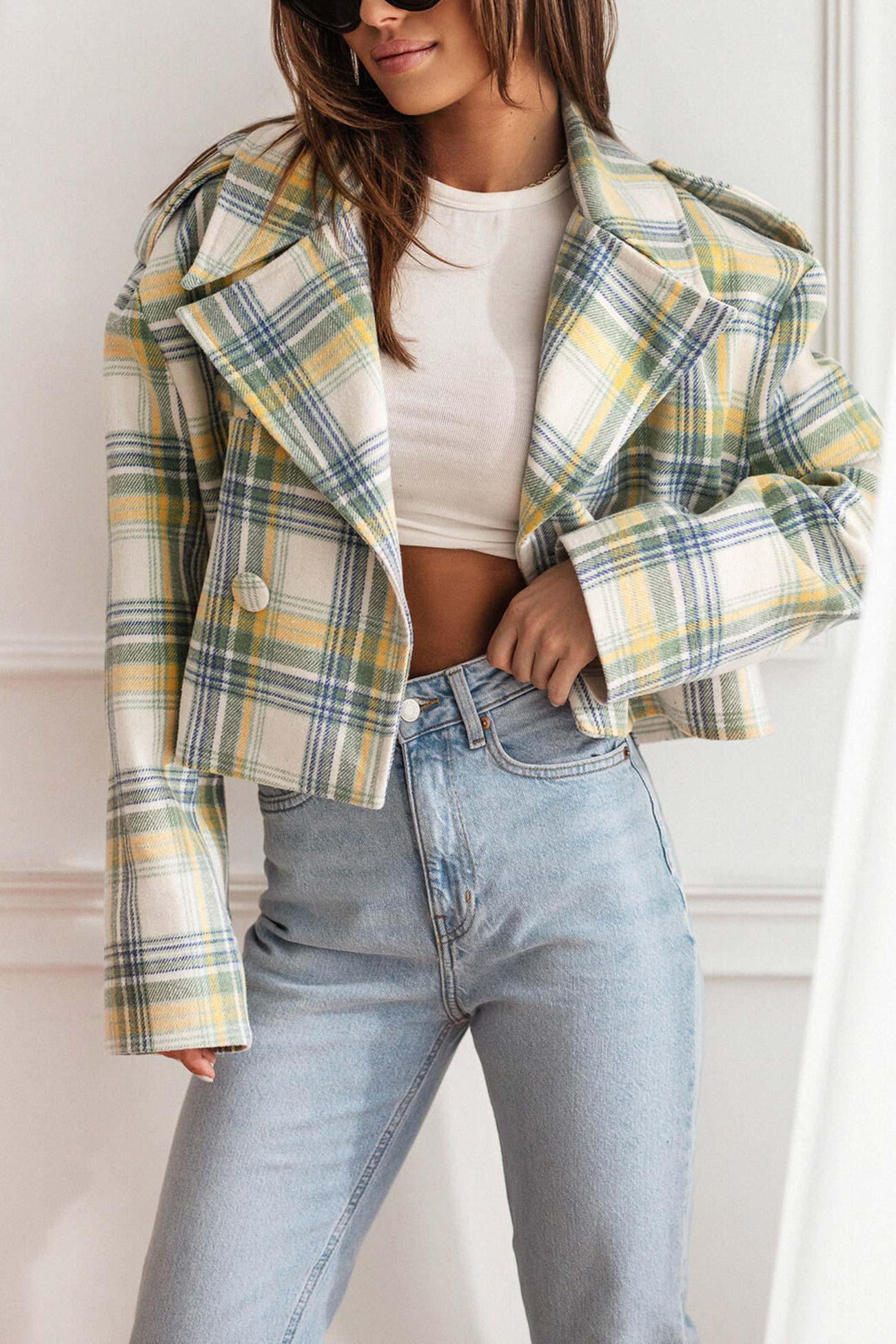 Alma® | Checked crop blazer with button placket