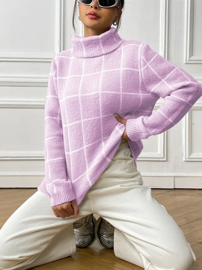 Teodora® | Checked turtleneck sweater, casual long sleeve sweater, comfortable sweater